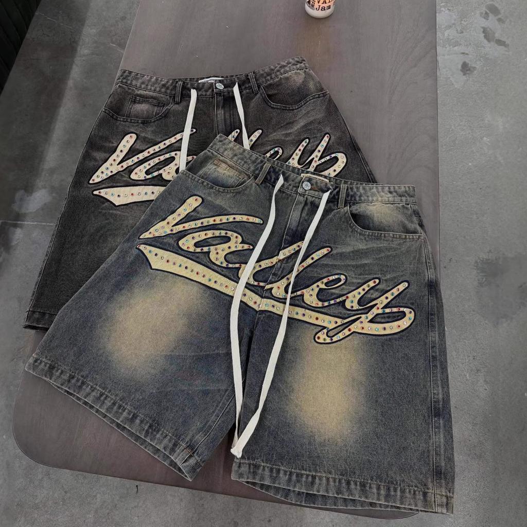 Unisex Retro Letter Rhinestone Denim Shorts Women Summer Vintage Loose Black Shorts Men Streetwear Casual Pants