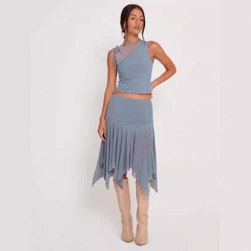Women's Summer New Fashion Slim Sexy Sleeveless Fake Two Rope Mesh Short Top