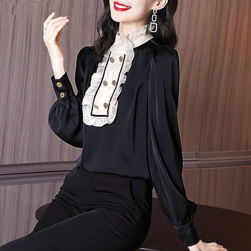 Vintage Office Lady Ruffles Shirring Bright Silk Solid Shirt Spring 2022 Ruffled Neck Long Shirt Sleeve Slim Top Womens Clothing