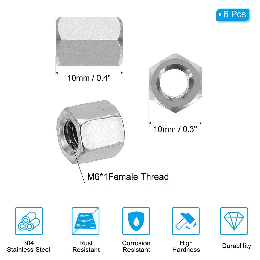 PATIKIL M6 X 1 High Nut Hex 6pcs Coarse Fully Rod Coupling Stud Connector Silver Tone Coupling, 10mm/0.4" Long, Thread, Threaded, Nut, Fastener,