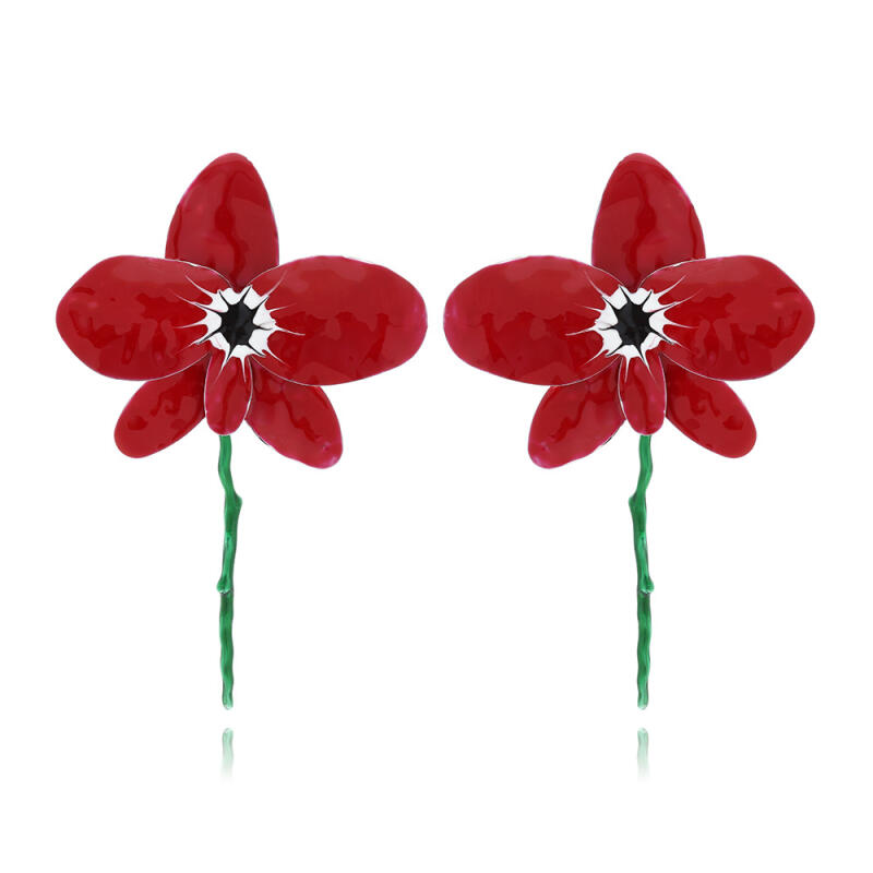Exaggerated Red Metal Large Flower Drop Earrings for Women Ladies Europe and America Oil-Drop Enamel Petal Earrings Jewelry Gift
