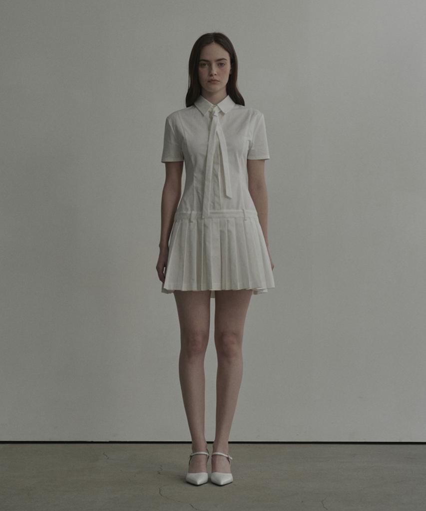 Mausolleum Tie Pleated Shirt Dress - White