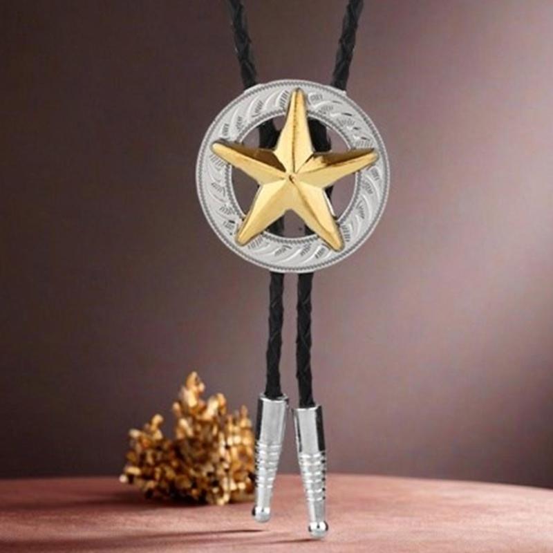 Vintage Metal Star Badge Pendant Cowboy Bolo Tie Western Faux Leather Rope Necktie Jewelry Shirt Collar Chain Necklace