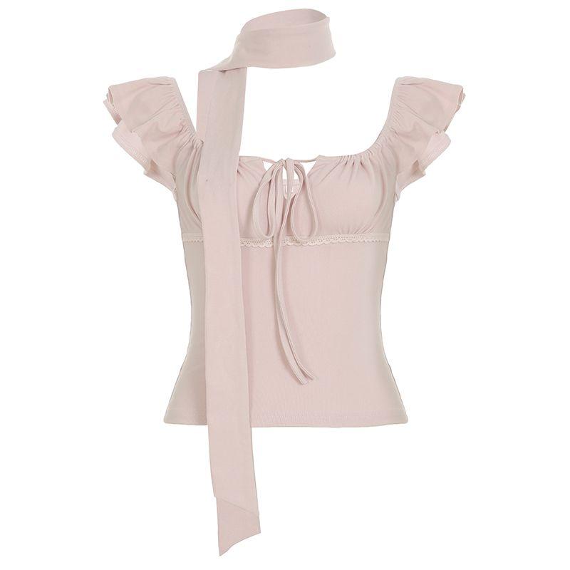 

Amyway [Sweet and Spicy Girl] Pink Pure Desire Retro Sexy V-neck Bow Lace-up Low Collar Short sleeve Top Pink S