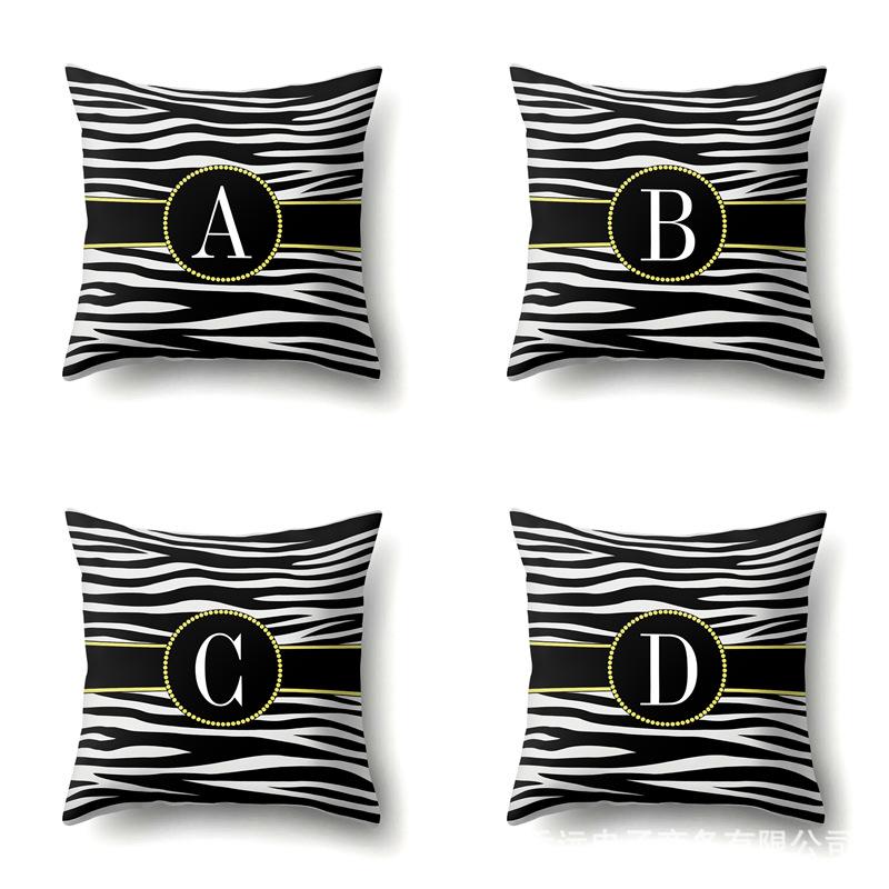 Polyester Pillowcase Zebra Pattern Printing Home Decoration Pillowcase 26 English Letter Cushion Cover Black and White