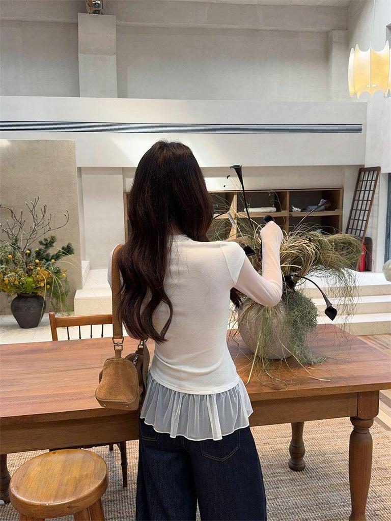 Available Now: Sweet Mesh Patchwork Two-Piece Layered T-shirt - 2025 Korean Style, High Neck, Long Sleeve, Base Layer.