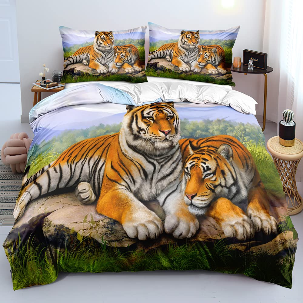 Tiger Duvet Cover Set King Size 3D White Tiger Bedding Sets Wild Animals Pattern Comforter Cover Set For Boys Girls Quilt Cover