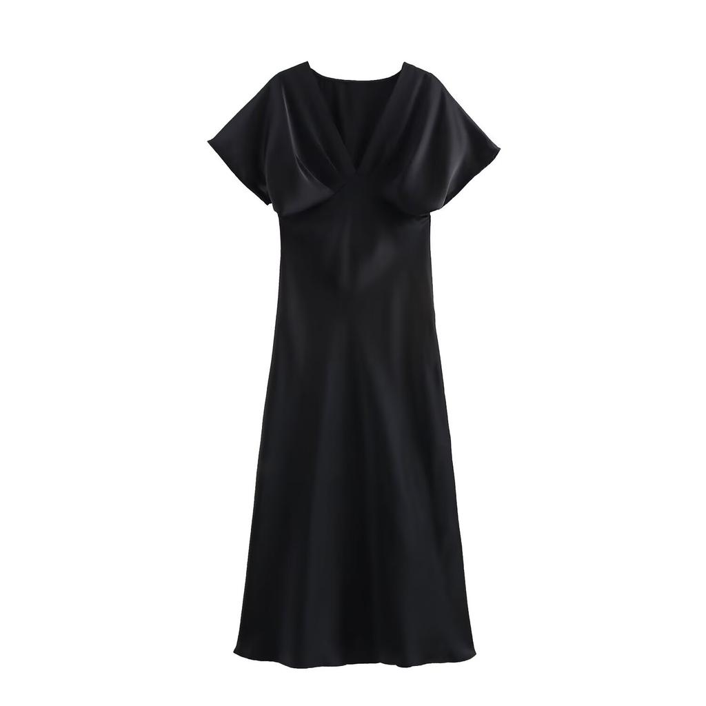 Spring and Summer New European and American Style Women's Clothing Fashion Temperament Casual V-neck Silk Satin Texture Dress