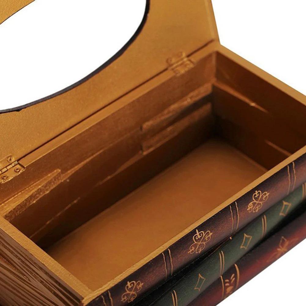 Book Shaped Vintage Tissue Box Cover Artistical Wooden Paper Extraction Box Creative Tissue Organizer Box for Home Decor