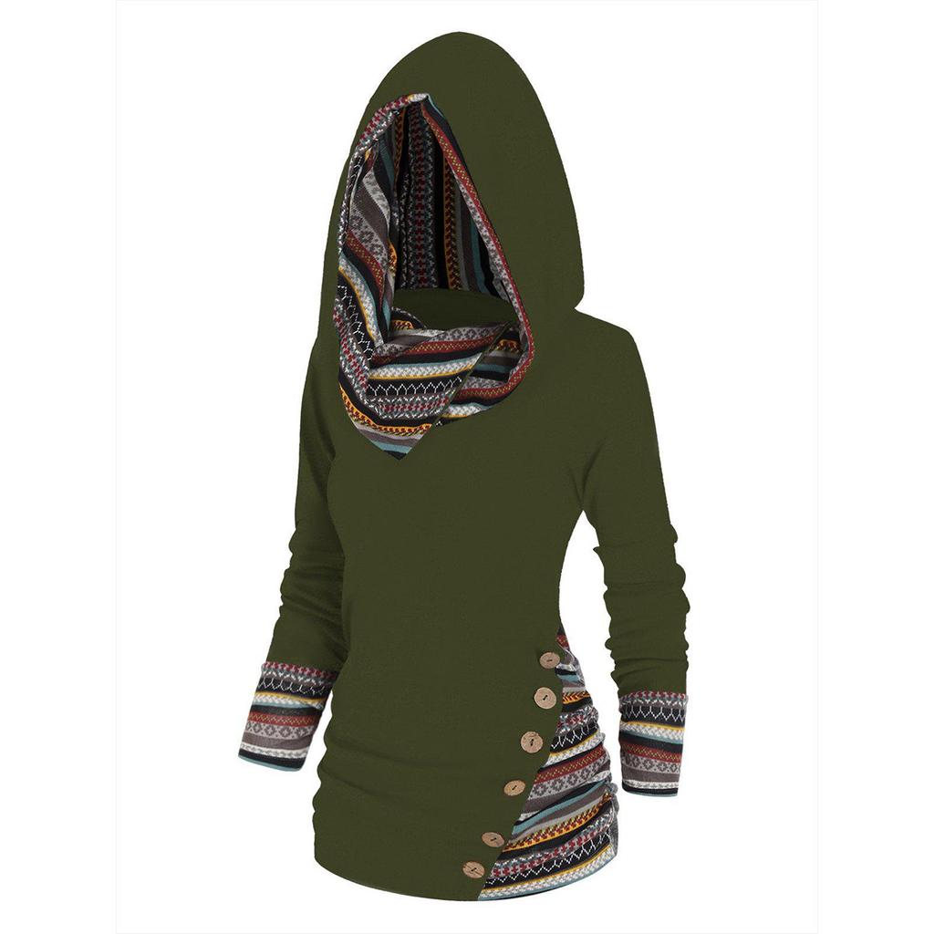 Geometric Stripe Panel Hooded Top Long Sleeve Button Top Pullover Tops For Women
