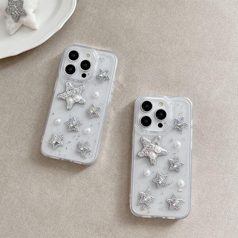 Sequin Silver Foil Epoxy Mobile Phone Case For Iphone17Promax Pearl Apple 14 Rhinestones 16 Stars Transparent