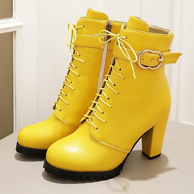 Lace-up Ankle Boots For Women Short Shoes Fashion Buckle High Heels Yellow Black Autumn Winter Women's Ankle Boots Large Size 45