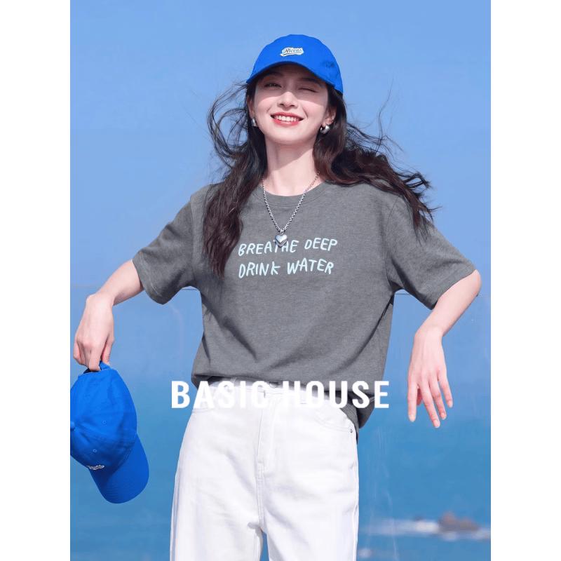 Basic House Women s Letter Print Short-Sleeved T-Shirt M серый