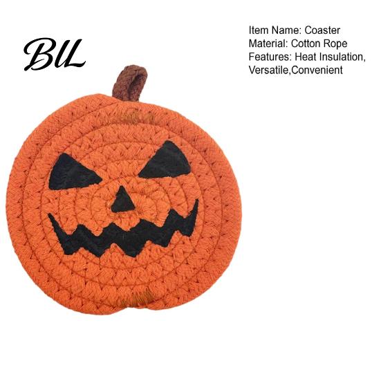 Halloween Kitchen Tableware Pumpkin Cotton Rope Coaster, Handwoven Placemat with Funny Face, Iron Reusable Drink Coasters Craft Table Mat for