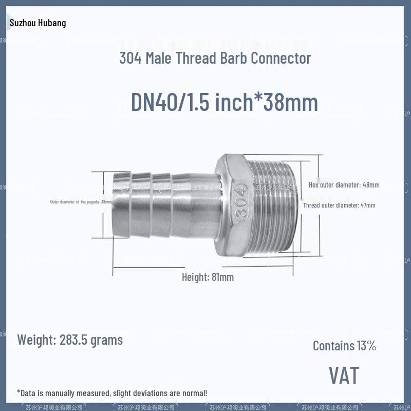 1" Hexagonal Barb Connector, 304 Stainless Steel for Water Pipe Hose, 316 Male Thread Plug