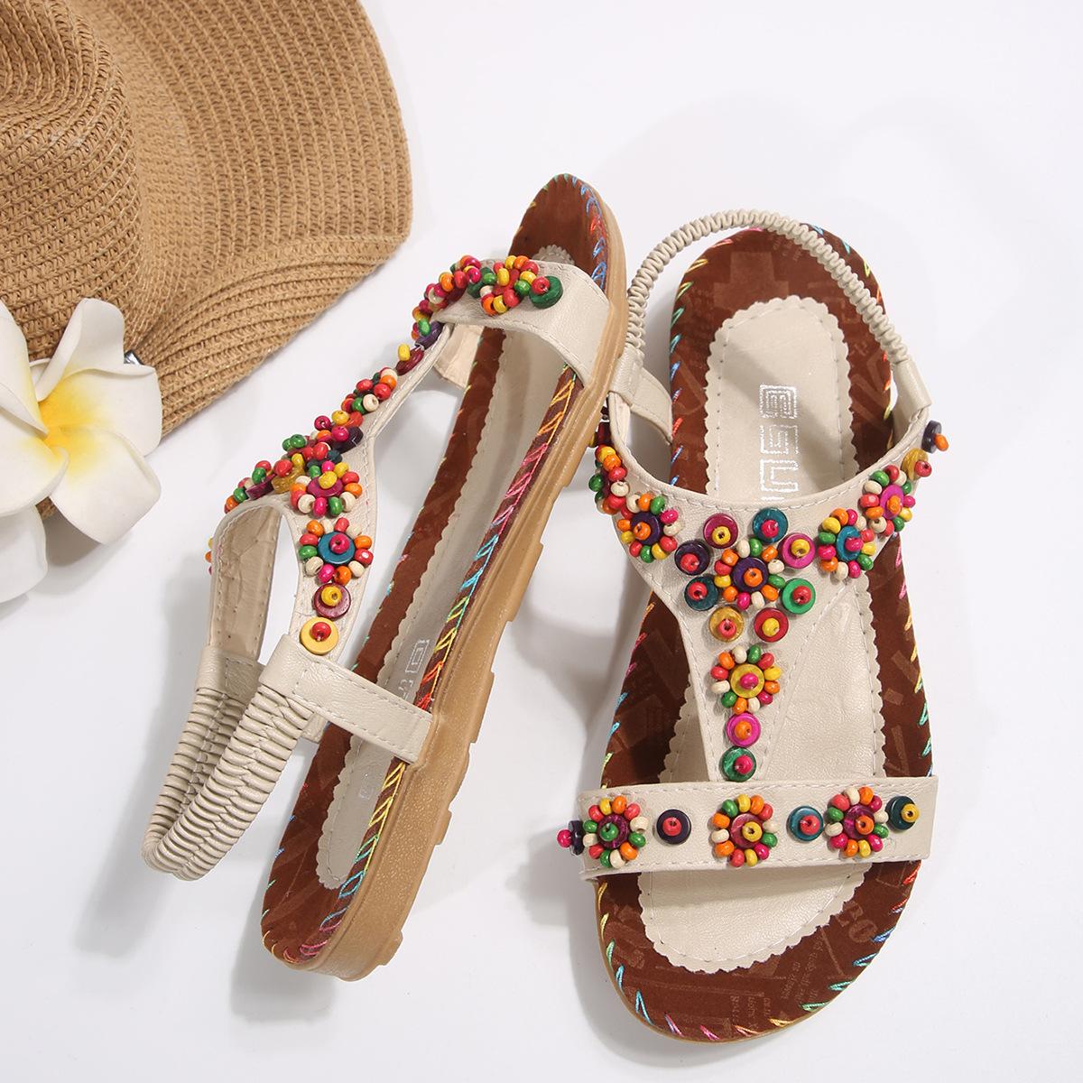 

Внешняя торговля 2025 лето новые женские босоножки ручной работы в этническом стиле с бисером на плоской подошве с открытым носком женские туфли 36 бежевый