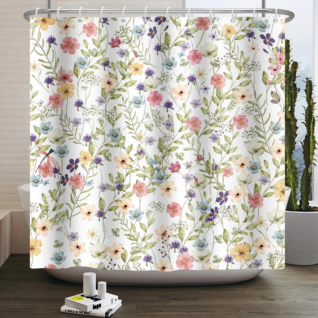 Fresh Flowers Print Shower Curtain Small Floral Home Bathroom Decoration Bath Curtains Waterproof Polyester Fabric With 12 Hooks