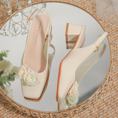 ] Baotou Back Empty Square Head Wearing Sandals Women's 2024 Spring and Summer New with Skirt Flower High Heels Thick Heel