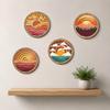 Retro Sunset Landscape Wall Art 4Pcs Boho Art, Abstract Round Hanging Ornaments, Modern Home Decor for Cafe Wooden Living Room Bedroom Hallway Office
