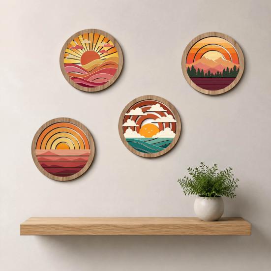 Retro Sunset Landscape Wall Art 4Pcs Boho Art, Abstract Round Hanging Ornaments, Modern Home Decor for Cafe Wooden Living Room Bedroom Hallway Office