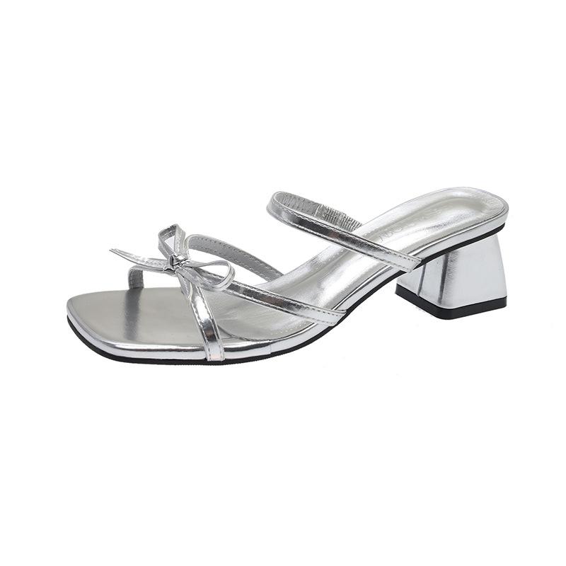2025 summer new beautiful silver bow cool slippers women's summer wear one-word belt with skirt