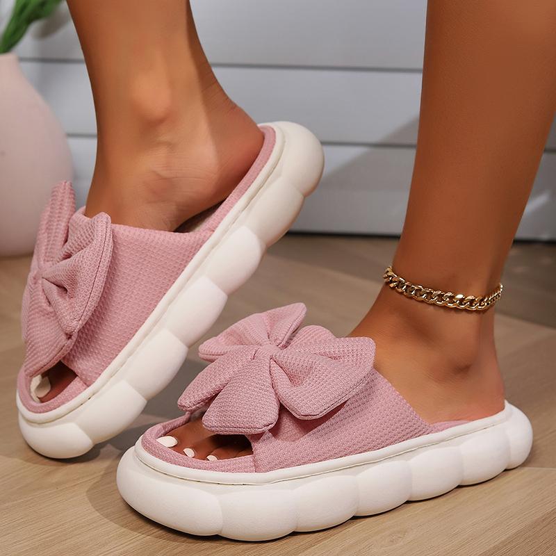 Fashion Fashion White Bowknot Home Slippers for Women Open Toe Thick Soft Sole Platform Shoes Woman Comfort Indoor House Linen Slippers