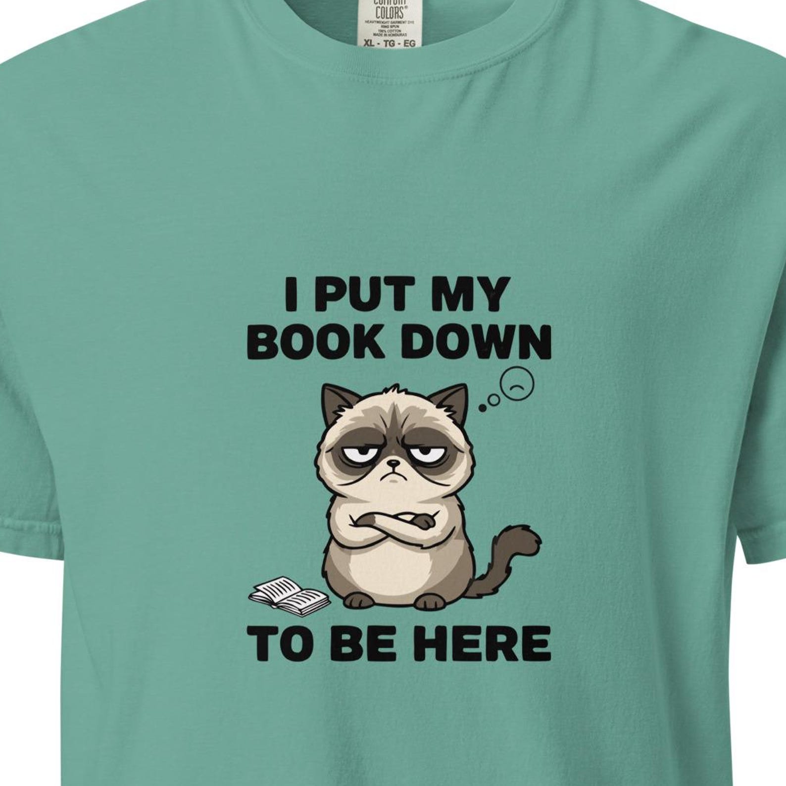 I Put My Book Down To Be Here Shirt, Funny Grumpy Cat Book Lover Tee, Introvert Reader T-shirt, Bookish Cat, Bibliophile Reading Shirt M