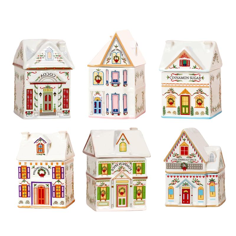 Holiday Village Spice House Set, Mini Christmas Gingerbread Houses Jars, Festive Decor Kitchen Countertop Christmas Candle