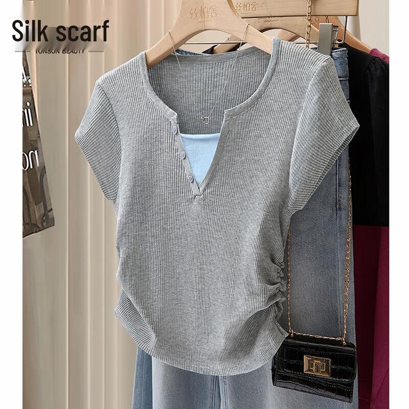 Women s Faux Two-Piece Short Sleeve Knit Top One Size