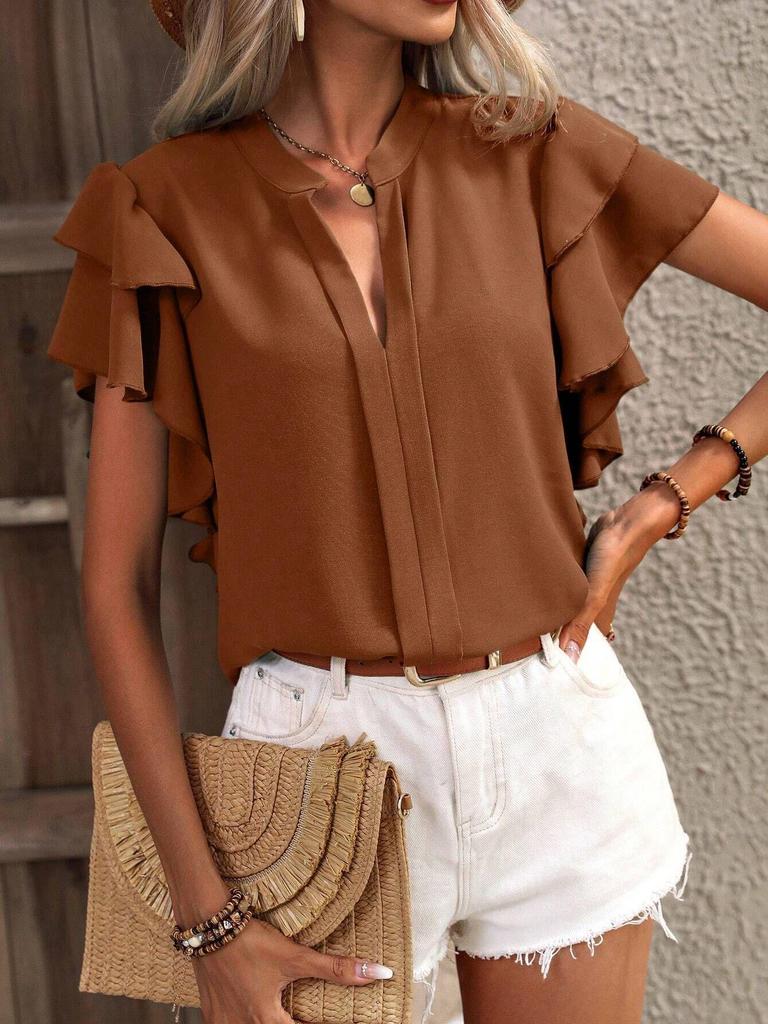 2025 Women's V-Neck Double-Layer Ruffle Sleeve Solid Color Summer Top