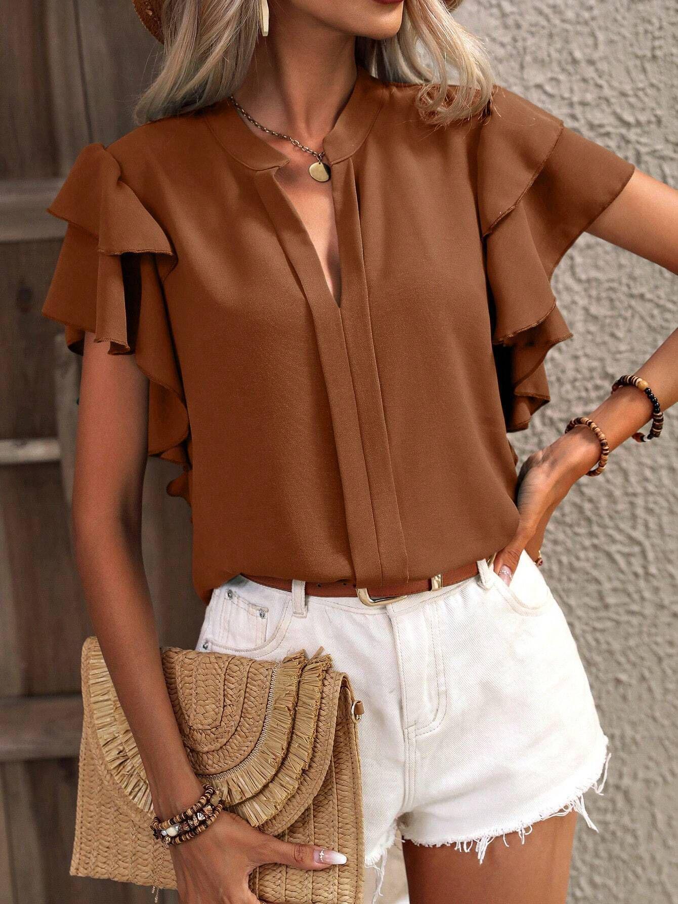 

2025 Women s V-Neck Double-Layer Ruffle Sleeve Solid Color Summer Top Extra Large