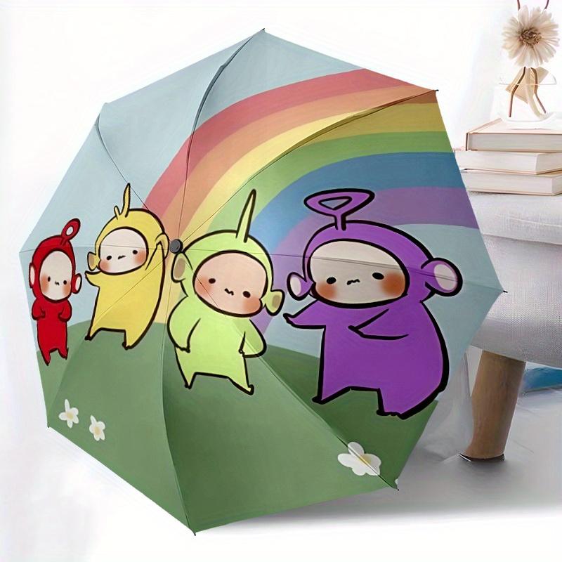 1pc Teletubbies Rainbow Automatic Open/close Folding Portable Umbrella with 8-Rib Structure for Women/Men, All-Season Use a0901081