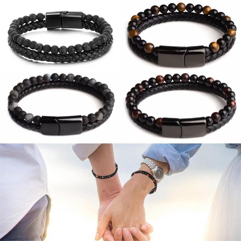 Men Double 21cm Layered Volcanic Stone Beaded Bracelet Alloy Clasp Leather Faux
