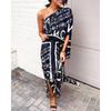 Women's Fashion Summer Spring Colour Block Print Short Sleeve Oblique Collar High Waist Casual Dresses