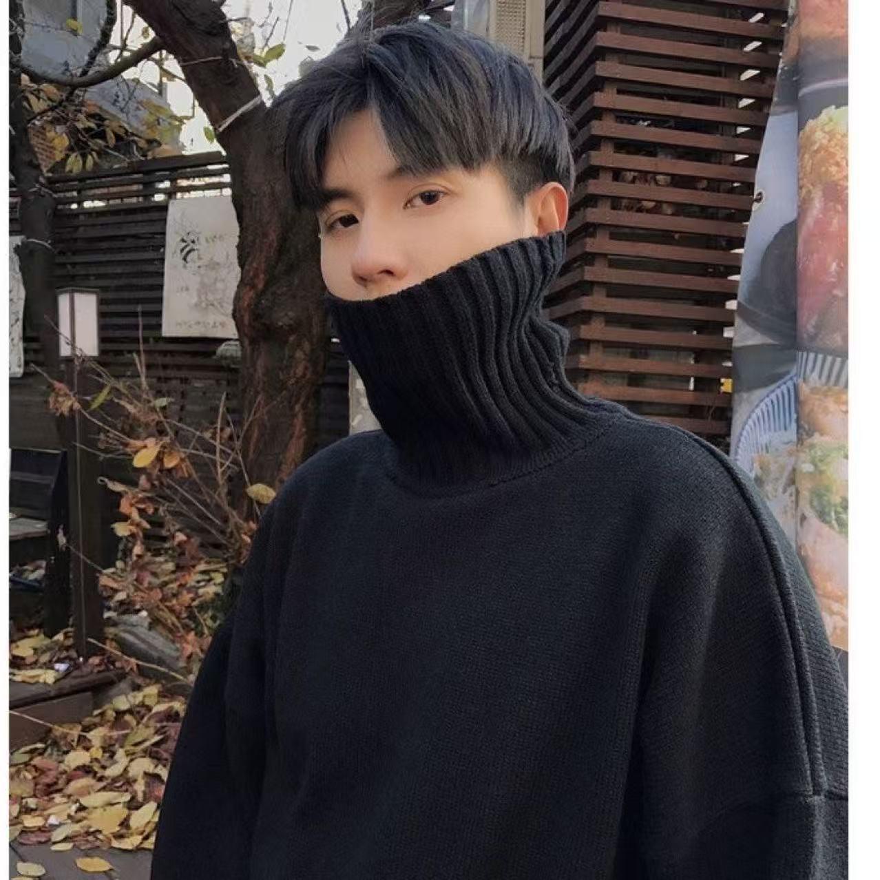2025 Men s Black Knit Turtleneck Sweater - Thick Korean & Hong Kong Style for Autumn/Winter XL