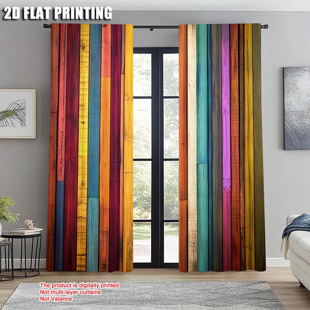 2pcs, Curtain Cloth 2D plane printing Chic Rainbow Wood Grain Striped Polyester Woven (without rod) Outdoor Decorations Use for