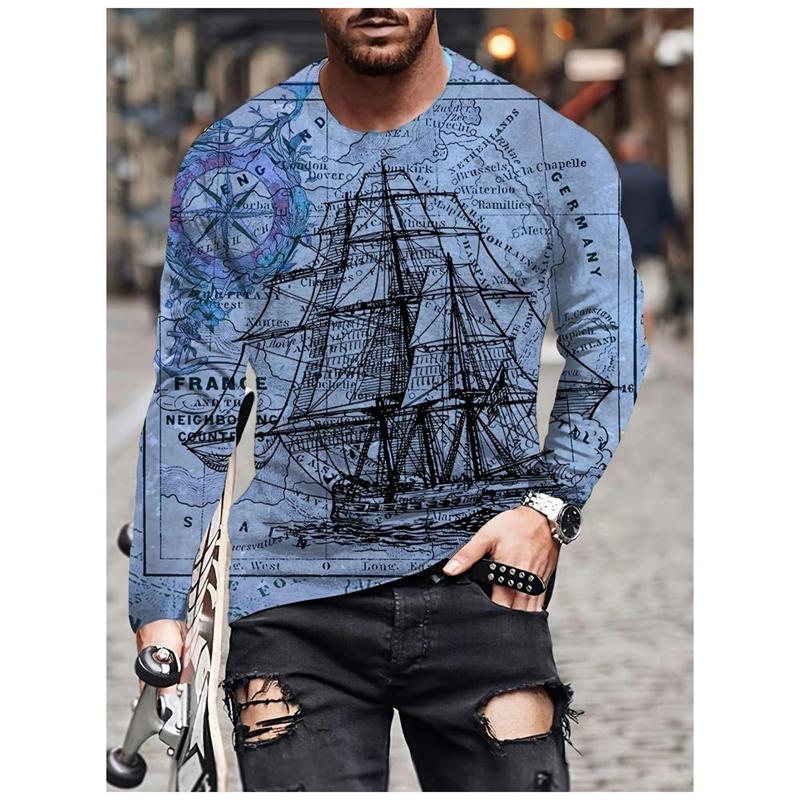 Vintage Compass Graphic Men's T-shirts Fashion Spring Autumn Long Sleeve Round 3D Printed Loose Streetwear Tops