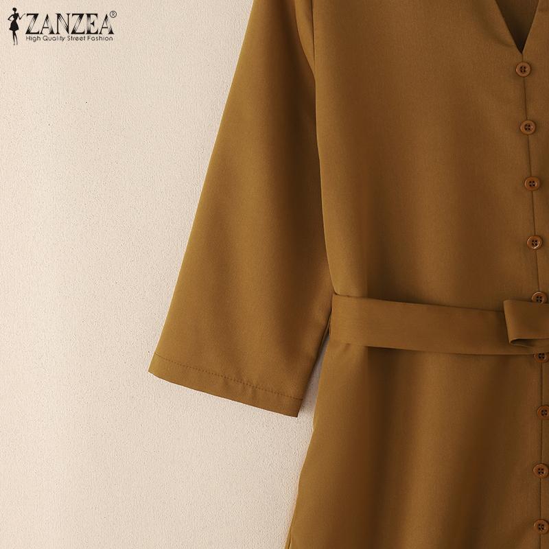 ZANZEA Women Casual V-Neck Solid Color Loose Long Sleeve Dress