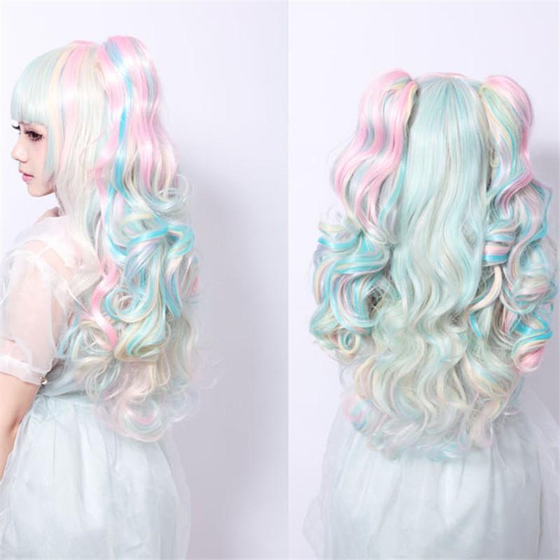Lolita Cos Wig Set 3-Piece Colorful Gradient Twin Tails Curly With Claw Clips Anime Role Play