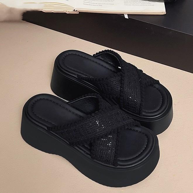 Thick-bottomed Sandals 2025 New Muffin Thick-bottomed Heightened Non-slip Fashionable Outer Wear One-word Drag Cross-cool Slippers Women