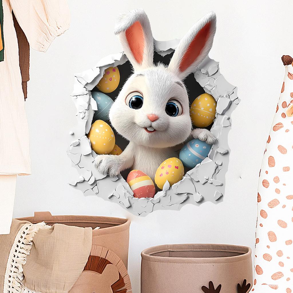 3D Breaking Wall Bunny with Flowers Wall Sticker Self-Adhesive Removable for Kids Room Home Decor