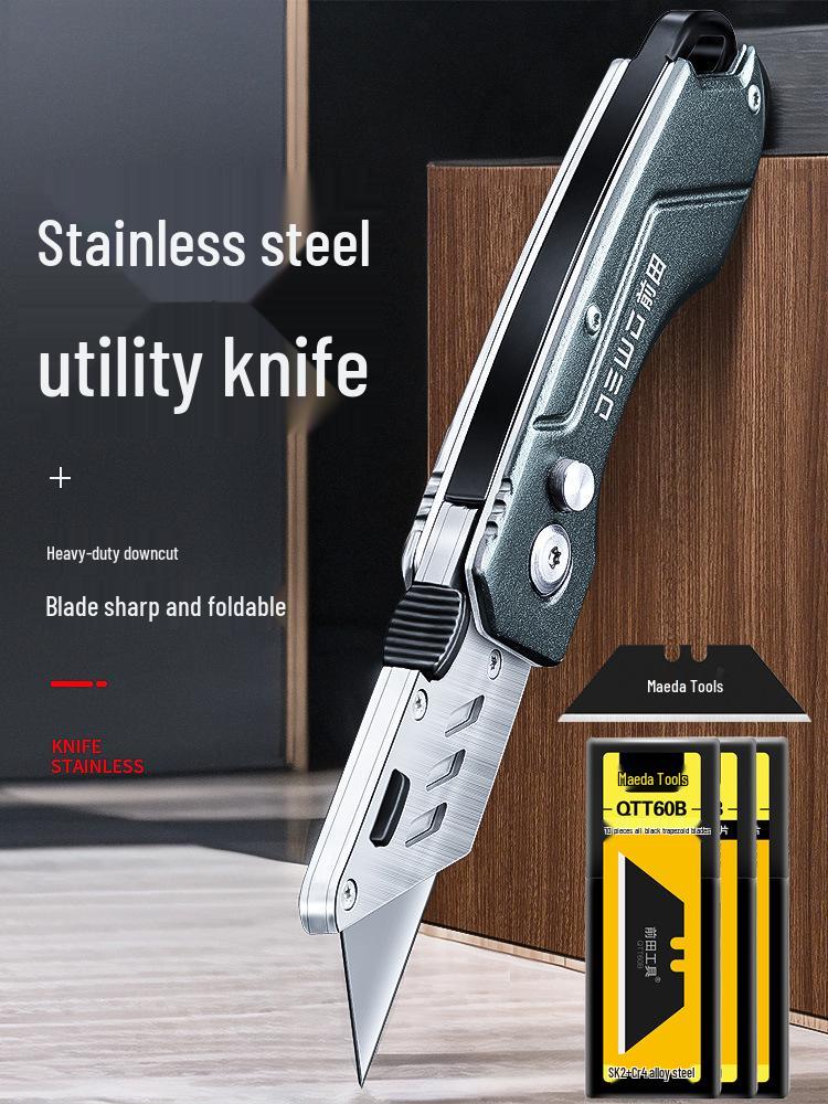 DEWO Heavy-Duty Stainless Steel Electrician's Folding Utility Knife with Cable and Wire Stripper, Thickened Hook.