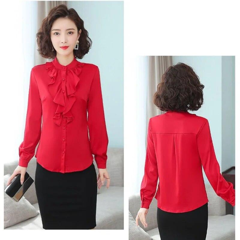 Chiffon Blouse Women's Spring Autumn New Standing Collar Long Sleeved Professional Shirt Solid Color Ruffle Bottoming Top