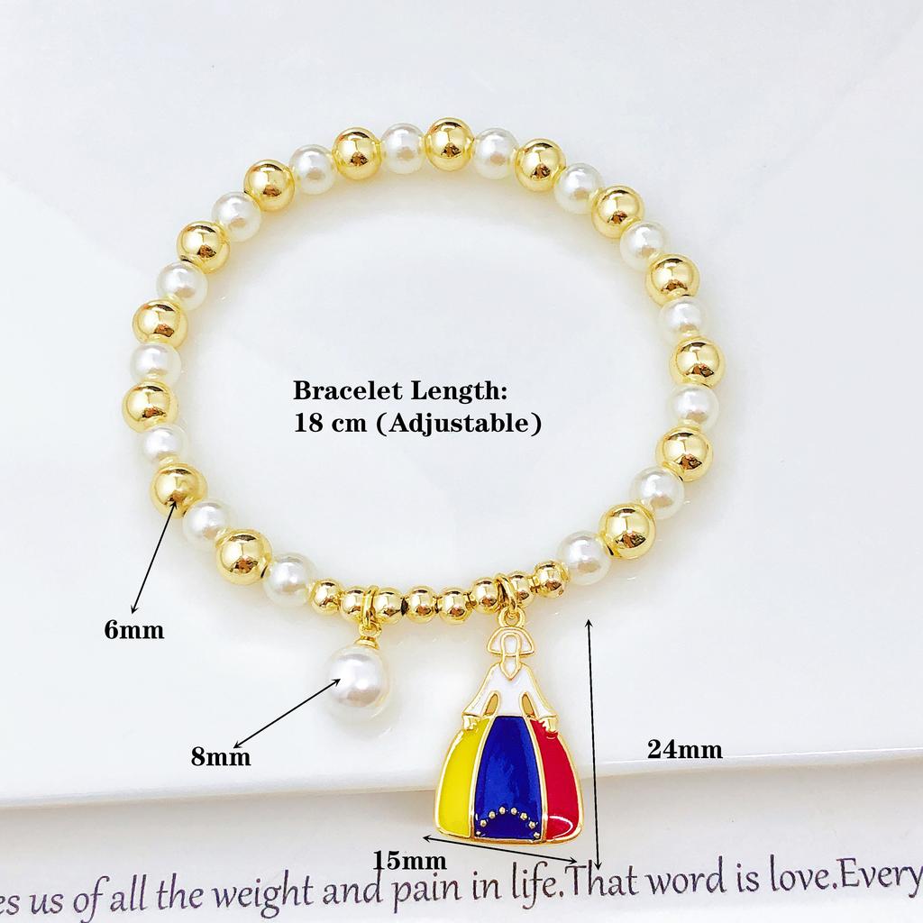Hot Selling Pearl Chain Violin Round Heart-Shaped Venezuela Flag Stretch Bracelet: Luxury for Women Party Patriotic Jewelry Gift