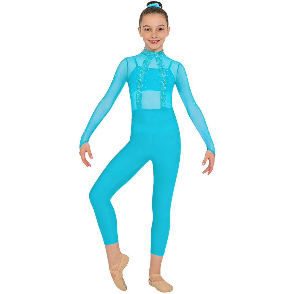 Leotard für Mädchen für Auftritte mit funkelnden Strasssteinen & Netzoberteil: Rollkragen Langarm Cut-out Rücken, Mit passendem Unterhemd, Leggings & Haarband