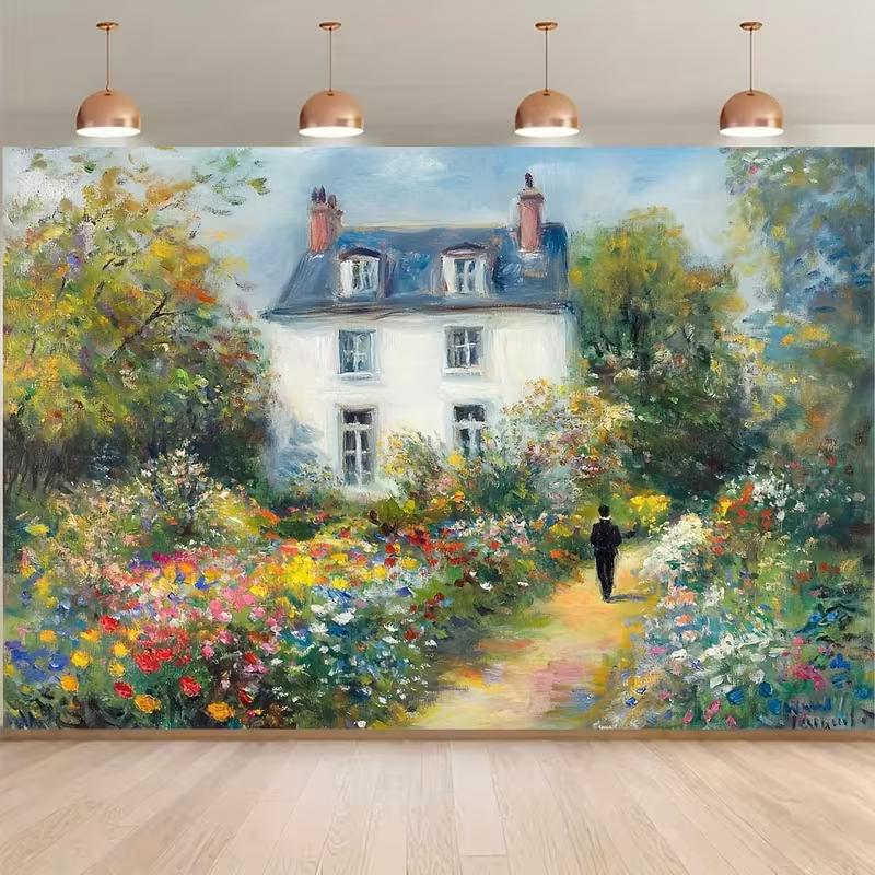2D Monet Style Backdrop Impressionist Garden House Oil Painting Photography Background Cloth 47.2x31.5inch/120*80cm