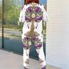 Women Plus Size Black Teal Gold Printed Round Neck Long Sleeve Top And Fitted Pants Two Piece Set