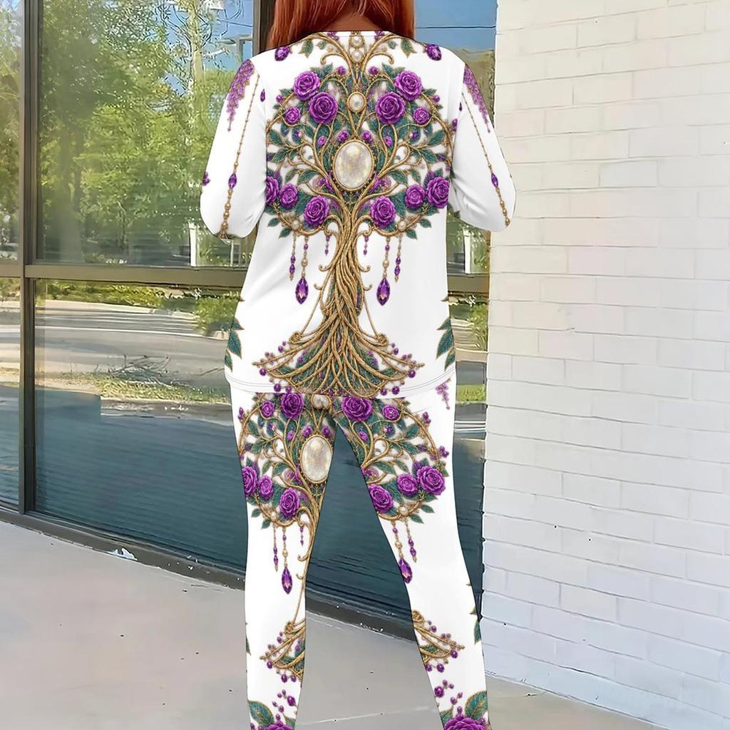 Women Plus Size Black Teal Gold Printed Round Neck Long Sleeve Top And Fitted Pants Two Piece Set