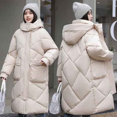Women Winter Puffer Jacket Mid Length Hooded Coat with Pockets Lightweight Warm Stand Collar Zipper Up Casual Outerwear