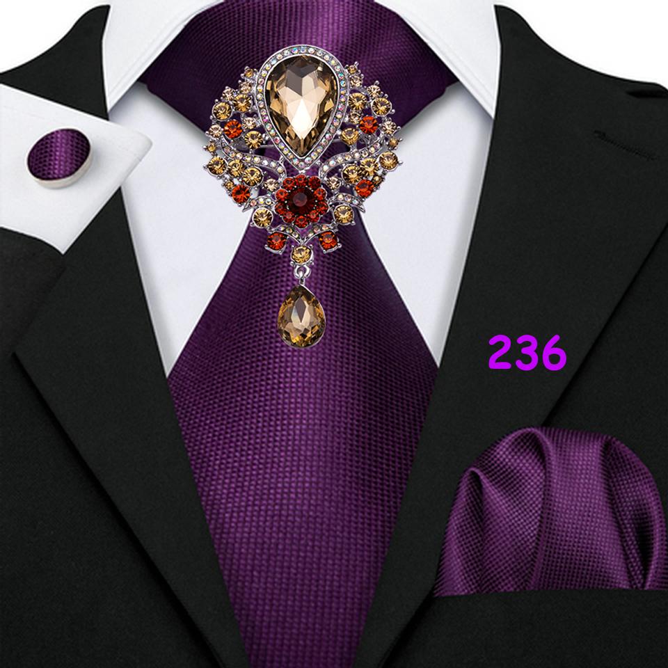Purple Ties with Brooch Hanky Cufflink for Men Paisley Plaid Silk Necktie Jacquard Woven Wedding Set